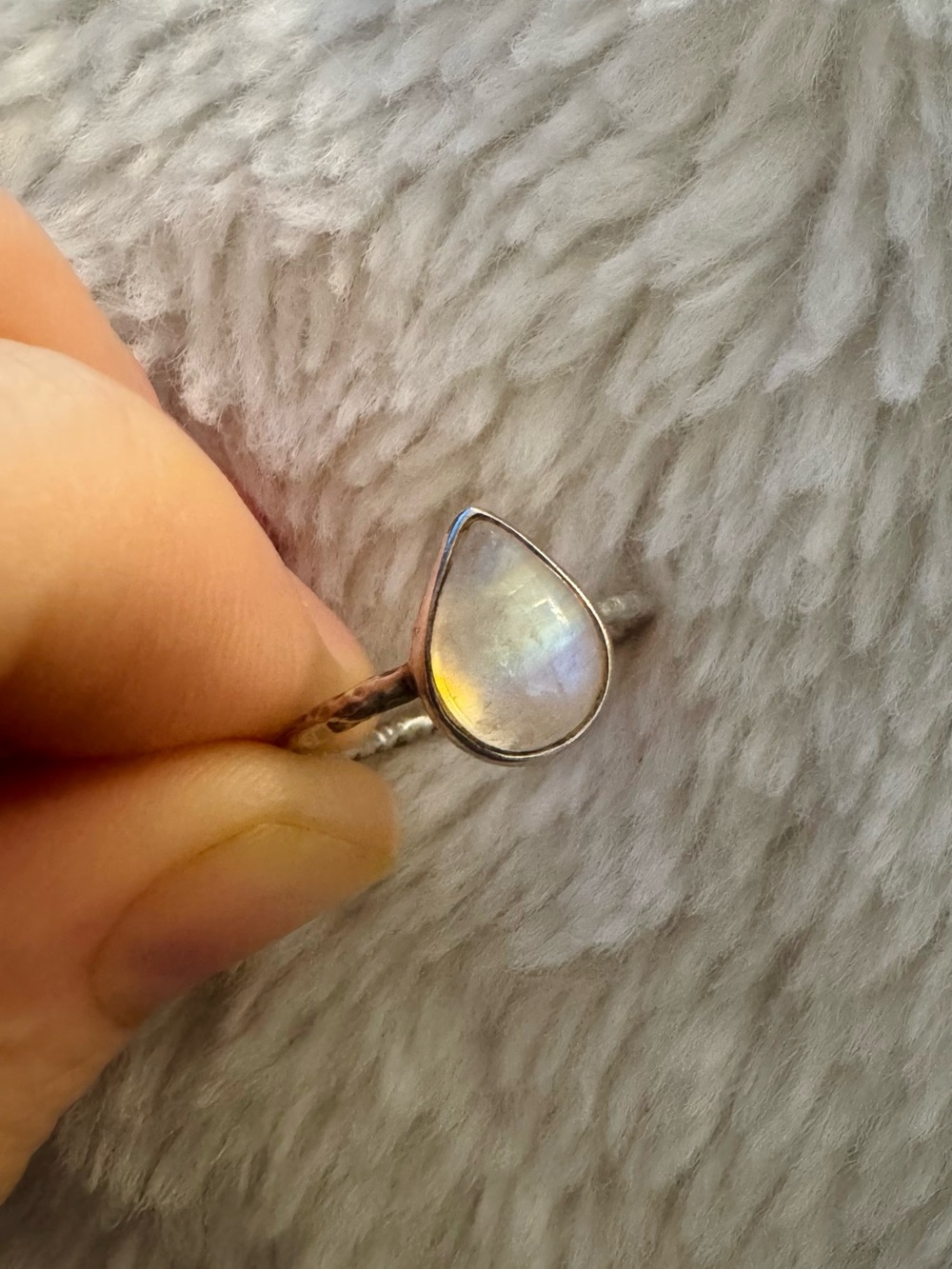 Sterling Silver Teardrop Moonstone Ring - Iridescent White